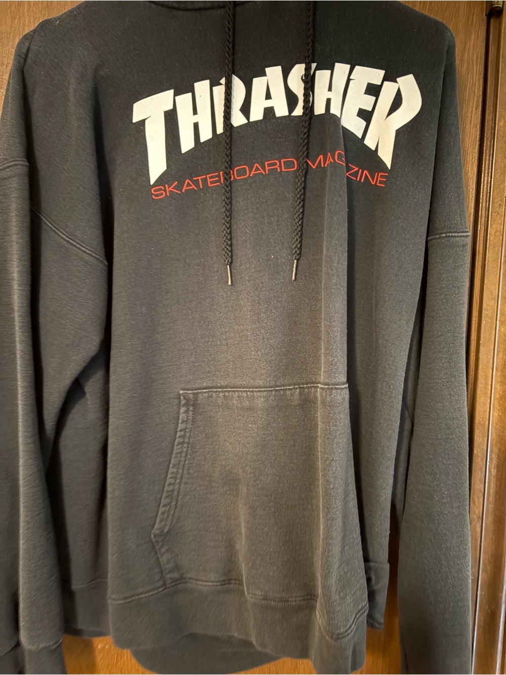 Thrasher Black Hoodie with White Logo and Red Text
